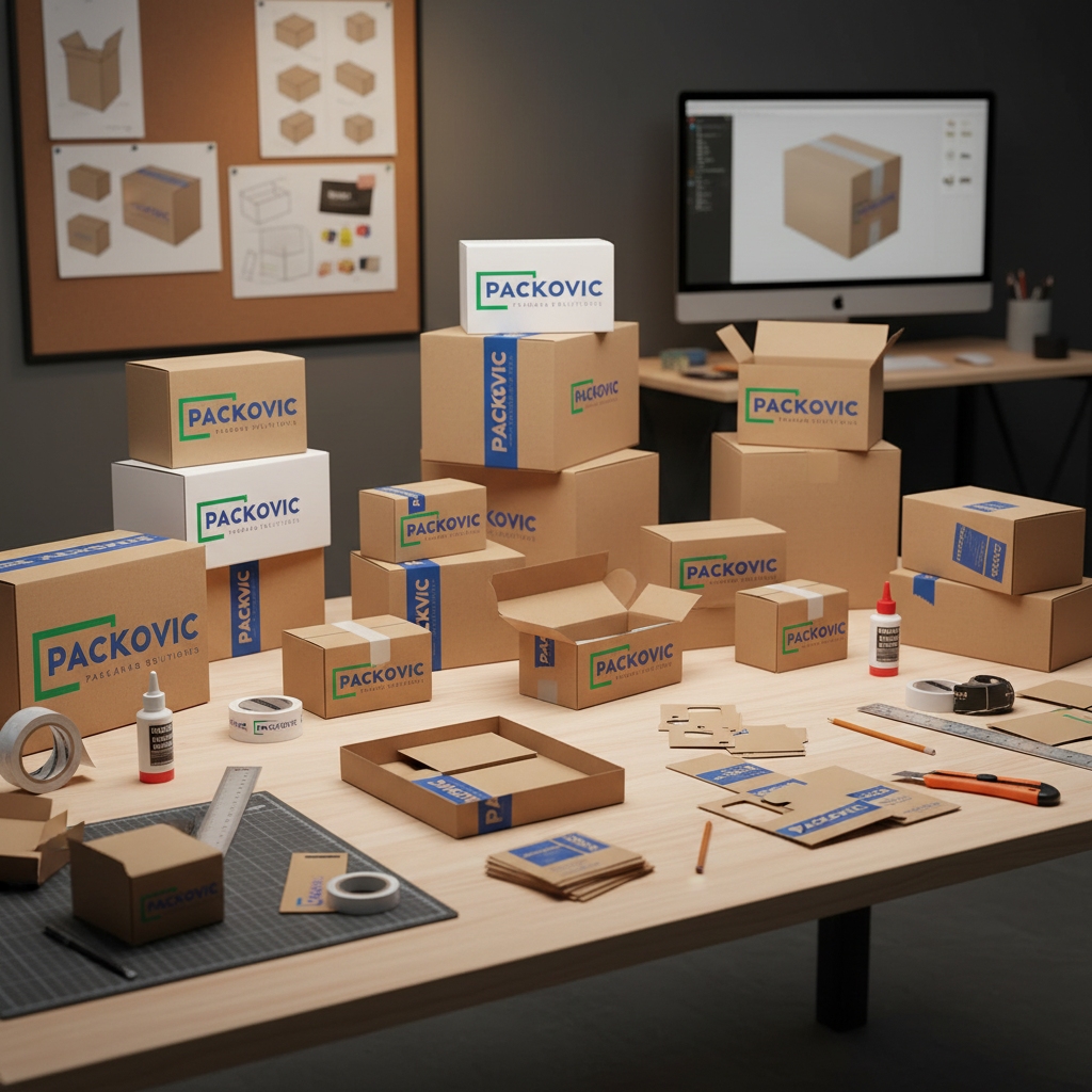 custom packaging design samples and prototypes on table, tailor-made solutions, product development workspace