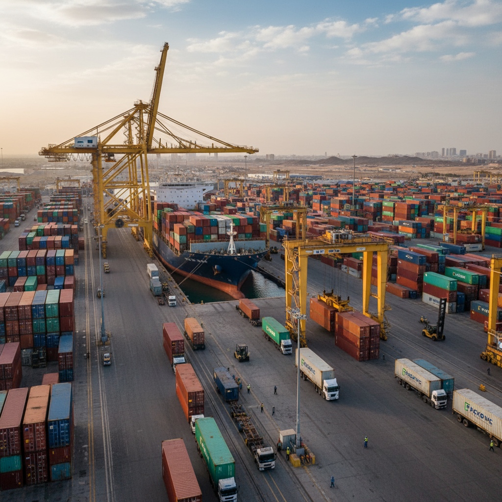 cargo ship at port loading containers for export, international shipping logistics, Middle East port terminal
