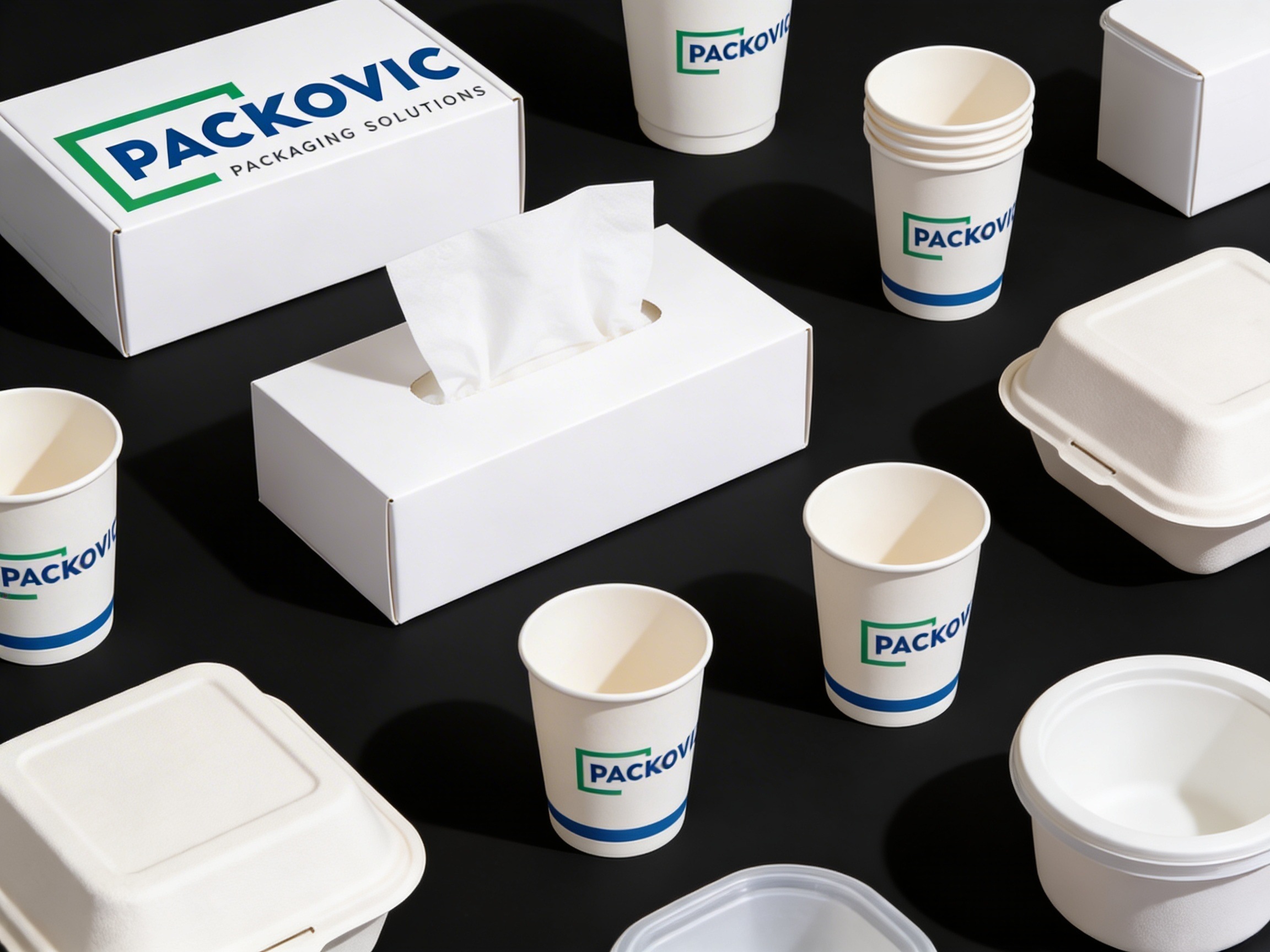 diverse packaging products tissue boxes paper cups containers arranged professionally, product photography
