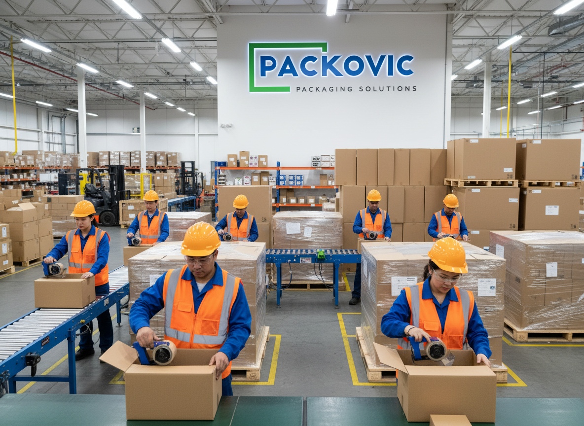 team of workers in packaging factory, diverse group, professional photography