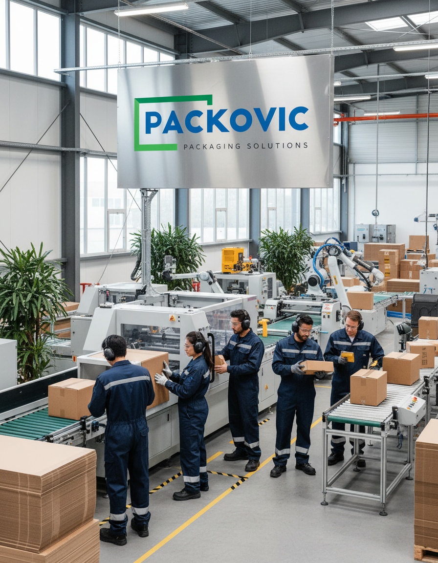 diverse team of workers in sustainable packaging factory, wearing safety equipment, industrial setting, professional corporate photography
